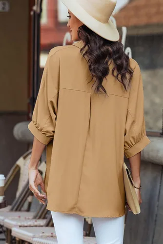 Vista 4 de Sidefeel Womens Summer Oversized 34 Sleeve Button Down Shirts Side Slit Dressy Casual Blouses Loose Fit Tunic Tops