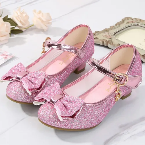 Vista 2 de Zapatos de vestir para niñas con lazo de princesa y tacón alto Mary Jane con purpurina, para fiesta de boda para niños pequeñosgrandes