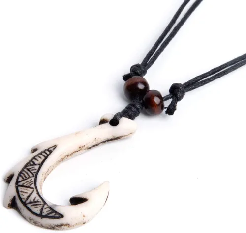 Vista 2 de Colgante de gancho hawaiano con cadena ajustable de cordón de cáñamo, collar tribal maorí