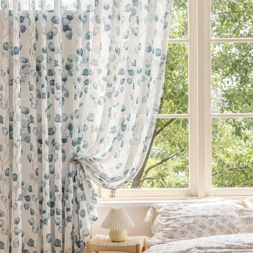 Vista 9 de SUOUO Cortinas blancas semitransparentes con hojas azules para dormitorio, comedor, sala de estar, lino texturizado de 84 pulgadas de largo