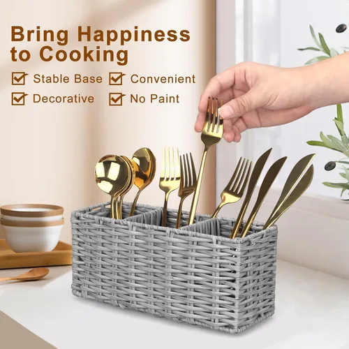 Vista 2 de Ayiaren Organizador de cubiertos de plástico gris para cubiertos, organizador de utensilios pequeños para encimera de cocina, fiesta, cubiertos