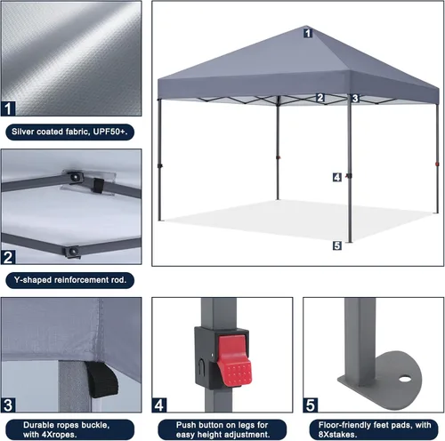 Vista 4 de COOSHADE - Tienda de campaña duradera y fácil de desplegar con bolsa enrollable, 8 x 8 pulgadas, gris