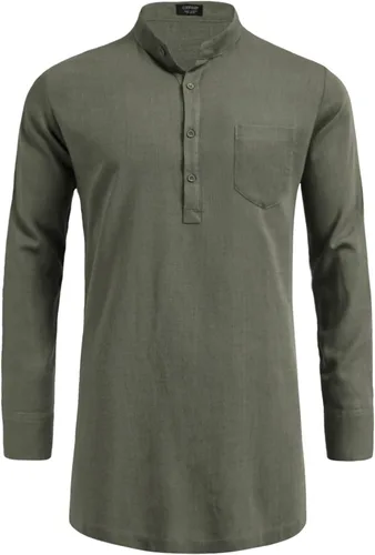 Vista 8 de COOFANDY Camisas Henley de lino para hombre, manga larga, ajuste regular, camisetas de playa Kurta con bolsillo