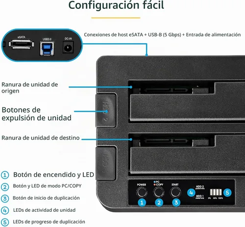 Vista 4 de StarTech Duplicador de disco duro independiente, Dock de disco duro externo de doble bahía USB 3.0 (5 Gbps) / eSATA a HDD/SSD SATA III de 2.5/3.5