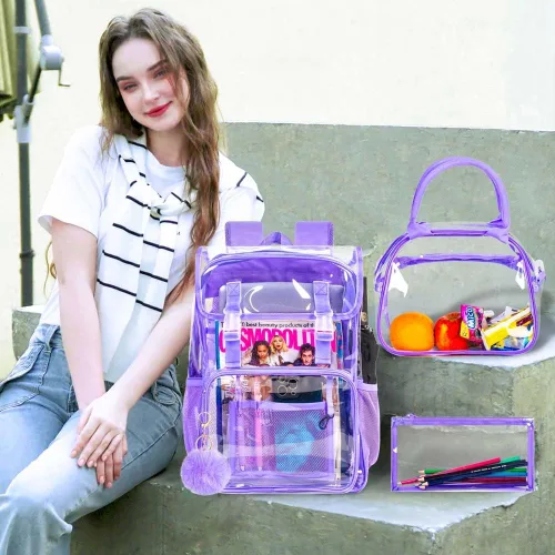 Vista 23 de Mochila transparente, aprobada por el estadio, para niñas y niños, mochila transparente de PVC resistente para mujeres y hombres