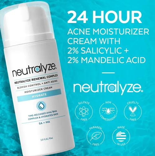 Vista 3 de Neutralyze Renewal Complex Crema hidratante para acné para cara, liberación temporal, grado médico 2% ácido mandélico y ácido salicílico, crema