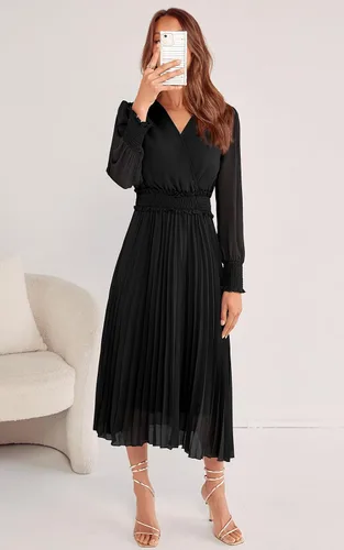 Vista 5 de PRETTYGARDEN Vestidos cruzados con cuello en V para mujer, para invitados de boda, casual, plisado, manga larga, vestido largo fruncido con volantes