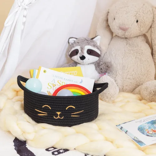 Vista 2 de Cesta pequeña de almacenamiento, cesta de juguetes para mascotas negra y linda para gatos, perros, cesta de cuerda decorativa para organizar, cesta