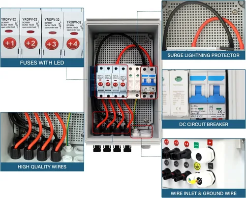 Vista 3 de Caja Combinadora Solar PV de 4 Strings con Pararrayos, Fusible de Corriente Nominal de 15A y Disyuntores 2P 63A para Sistema de Panel Solar On/Off