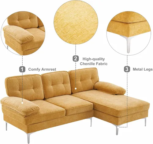 Vista 4 de Moderno sofá modular en forma de L de 85 pulgadas, felpilla con patas de hierro y diván, sofá modular de interior simple y elegante para sala