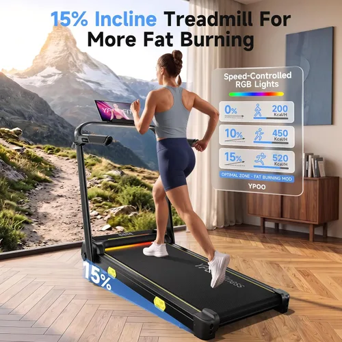Vista 2 de YPOO 16% Walking Pad Incline, Treadmills for Home, Handle Bar, Foldable Negro con amarillo