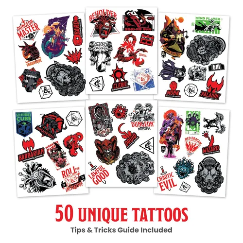 Vista 2 de Savvi - 50 tatuajes temporales de Dungeons & Dragons: Tinta segura para la piel, ideal para fiestas de cumpleaños y noches de juegos, niños y niñas