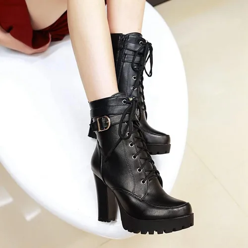 Vista 9 de MIOKE Botines de tacón alto con plataforma y puntera redonda para mujer, con cordones, cremallera y tacón alto grueso, botines cortos Forro