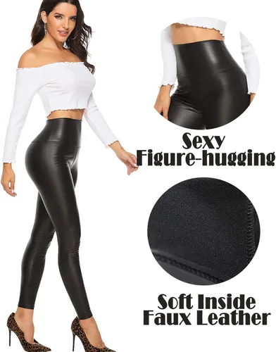 Vista 4 de KIWI RATA - Leggings de piel sintética de poliuretano cintura alta para mujer con levantamiento de glúteos color negro sexy para deportes yoga uso