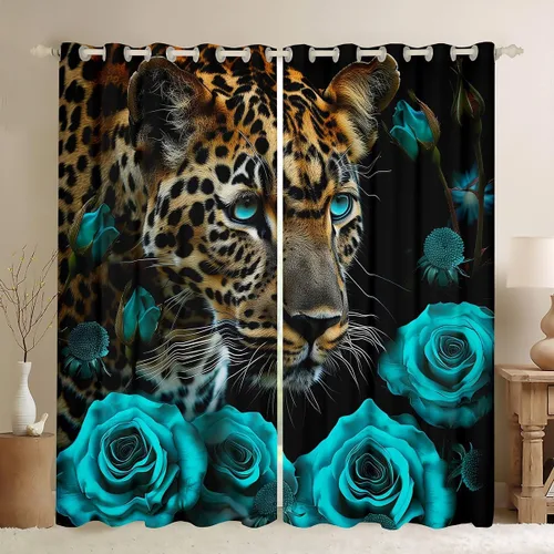 Vista 11 de Erosebridal Cortinas de Rosas Rojas 3D Tratamientos para Ventanas de Guepardo, Paneles de Cortinas con Estampado de Gato Leopardo para Sala