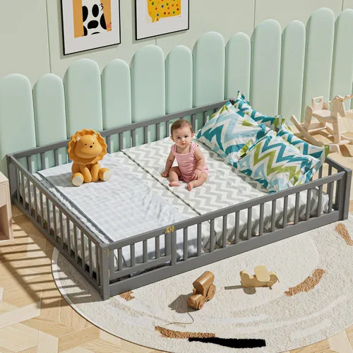 Vista 3 de Cama de plataforma de suelo tamaño Queen con barandillas y puerta en forma de valla, marco de cama de madera maciza con 7 listones de soporte, marco