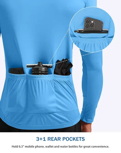 Vista 3 de Bikewa Maillot de ciclismo para hombre con 3+1 bolsillos traseros con cremallera, manga larga, absorción de humedad, UPF 50+ media cremallera