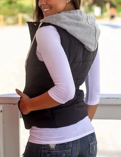 Vista 6 de Chaleco Yeokou acolchado para mujer, para invierno, con capucha extraíble, sin mangas y entallado