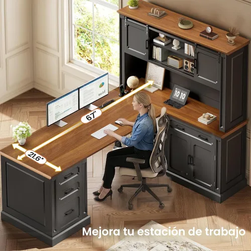 Vista 5 de SEDETA Escritorio ejecutivo en forma de L de granja de 67 pulgadas con Negro+marrón