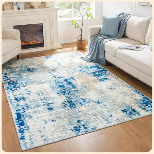 Vista 41 de Istana Alfombra larga antideslizante de 2.5 x 8 para el hogar, para pasillo y cocina, lavable, sedosa y suave al tacto, elegante, color azul y marfil