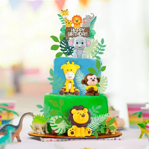 Vista 6 de 36 piezas de decoración de pastel de safari con hojas, decoración de elefante, cumpleaños, decoración para tartas, animales de la selva, decoración