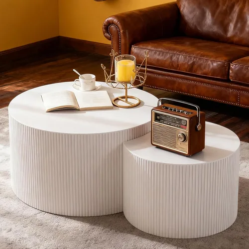 Vista 10 de Juego de 2 mesas auxiliares redondas de travertino de 18 pulgadas (travertino) for Living Room, Travertine Side End Table, Nested Design, Mid