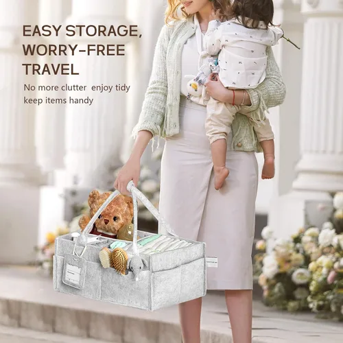 Vista 6 de GEMII Organizador de pañales – Organizador grande para bebés con asa para artículos esenciales para recién nacidos, niños o niñas (gris, grande)