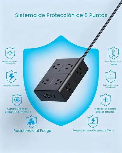 Vista 6 de One Beat Regleta protectora contra sobretensiones de enchufe plano, cable Negro y Negro
