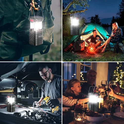 Vista 6 de LETMY Paquete de 4 linternas de campamento, linternas LED recargables, faroles solares con batería para huracanes con 3 vías de alimentación y cable
