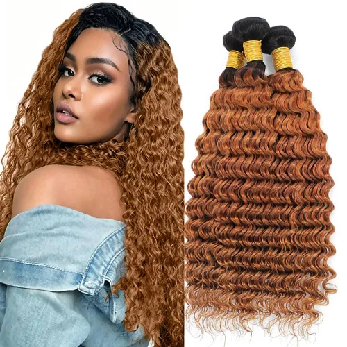 Vista 21 de P4613 Cabello humano rizado onda profunda marrón y paquetes mixtos 8 10 12 P4613 Ombre Marrón-Rubio-DP