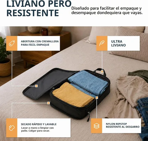 Vista 3 de Juego de cubos de compresión para maletas de transporte, organizador de ropa ligero y duradero, Negro, 6 piezas
