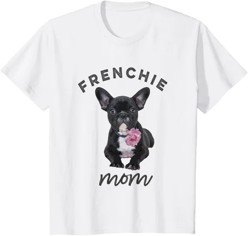 Vista 23 de Camiseta Bulldog Francés para Mujer, Frenchie Mom, Flor, Negro, S