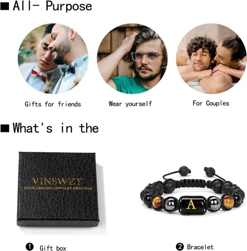 Vista 8 de Vinswet Pulseras de cuentas con iniciales para hombre, pulsera de triple protección de 0.315 in, obsidiana y hematita, hecha a mano para hombre