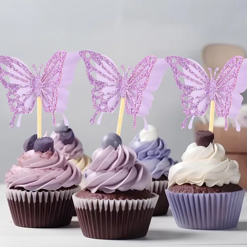 Vista 5 de Chinco 48 piezas de decoración de pastel de mariposa, decoración de cupcakes de doble capa ensamblada, decoración de pastel de 3D con purpurina