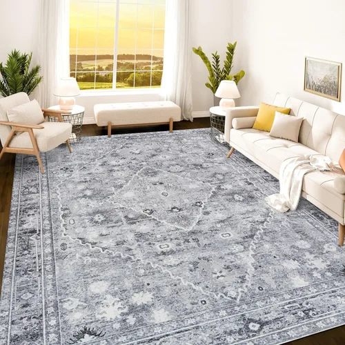 Vista 318 de Istana Alfombra larga antideslizante de 2.5 x 8 para el hogar, para pasillo y cocina, lavable, sedosa y suave al tacto, elegante, color azul y marfil