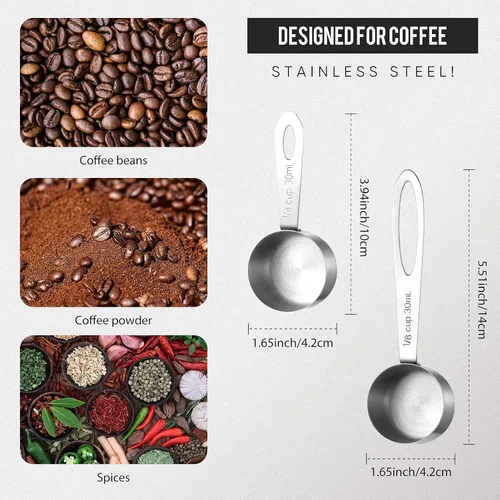 Vista 2 de Geiserailie 4 cucharadas de café de acero inoxidable, 2 cucharadas de medición de café, incluye 2 cucharadas de mango corto, 2 asas largas para té