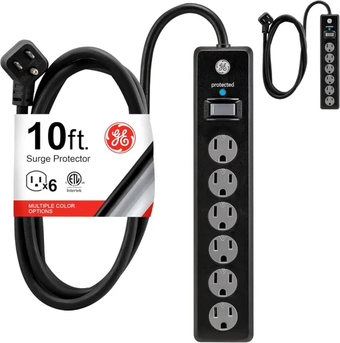Vista 6 de GE - Protector de sobretensión de 6 tomas, extensión de 6 pies, multicontactos, 800 julios, enchufe plano, tapas de seguridad de cierre por torsión
