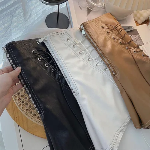 Vista 5 de Primavera Otoño Moda Una Línea PU Pantalones Cortos Mujer Slim Tie Pantalones Cortos De Cuero Todo Partido De Cintura Alta Pierna Ancha Pantalones