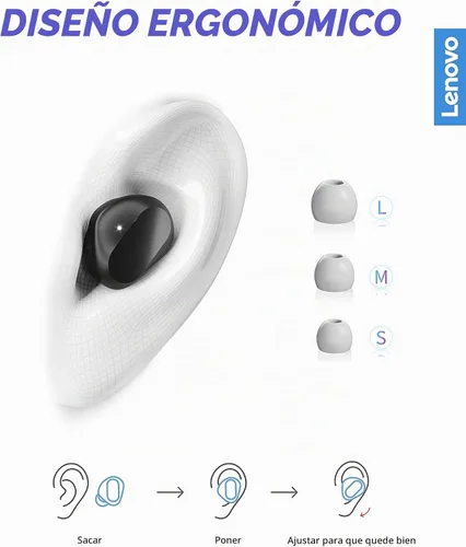 Vista 5 de Lenovo Auriculares inalámbricos Bluetooth 5.0 IPX5 impermeables con carga rápida USB-C y micrófono integrado para trabajo/viajes/gimnasio (negro)