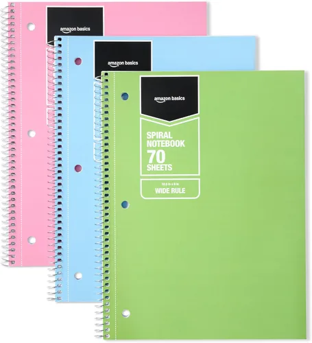 Vista 7 de Amazon Basics Cuadernos de espiral con rayas anchas, 70 hojas, 7-1/2 x 10-1/2 pulgadas, perforados, varios colores sólidos primarios, paquete de 3