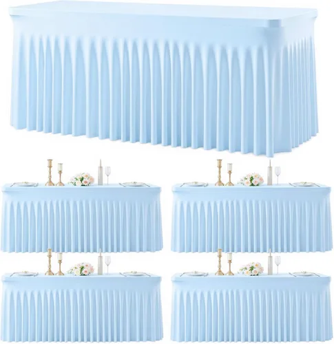 Vista 10 de Paquete de 2 manteles color azul bebé para mesas rectangulares de 6 pies, mantel ajustable de elastano, fundas de mesa elásticas de 6 pies, manteles