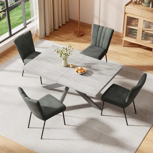 Vista 6 de ZckyCine Juego de mesa de comedor extensible de 6 piezas, moderna mesa de madera gris de 63 a 79 pulgadas con 6 sillas de tela gris, mesa de comedor