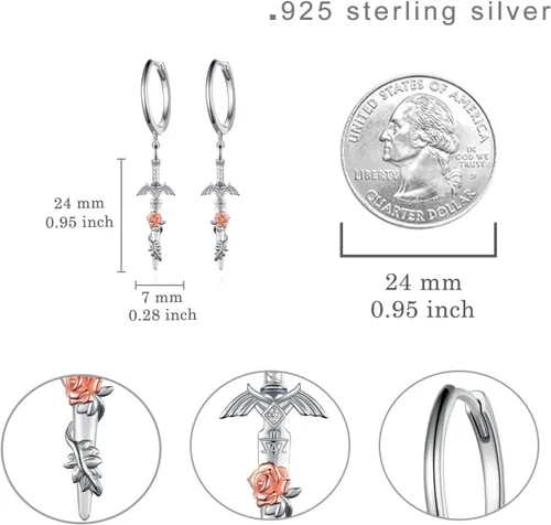 Vista 4 de Pendientes de aro de espada de plata de ley 925 con contenedor/corazón de espada/joyería de pizarra de Sheikah