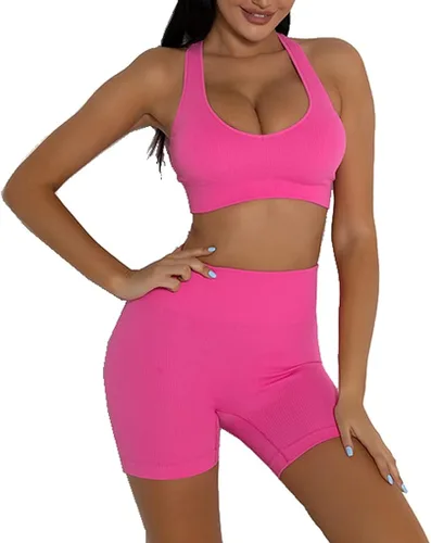 Vista 3 de MANON ROSA Trajes de yoga para mujer, sin costuras, conjunto de 2 piezas, leggings cortos, brasier deportivo, ropa de entrenamiento, ropa deportiva