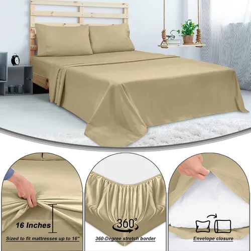 Vista 5 de ROYALE LINENS Juego de sábanas de 300 hilos 100% algodón peinado de fibras largas, 4 piezas, 1 sábana bajera, 1 encimera y 2 fundas de almohada