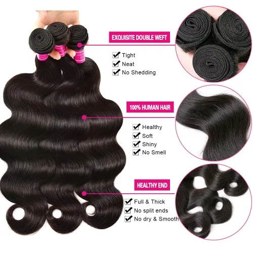 Vista 3 de Adigrace Paquetes de Cabello Humano 16 18 20 Pulgadas Paquetes de Ondas Corporales Cabello Humano 10A Paquetes de Cabello Humano Brasileño 100%