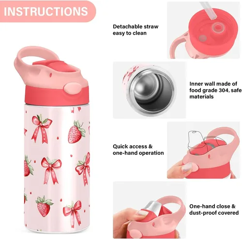 Vista 5 de Botellas de agua aisladas con popote para niños y escuelas, diseño de fresa, de acero inoxidable, rosa, de doble pared, mantiene el calor y el frío