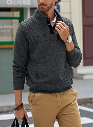 Vista 7 de JMIERR Men's Quilted Sweatshirt Casual Long Sleeve Outdoor Stand Collar Button Pullover Sweatshirts