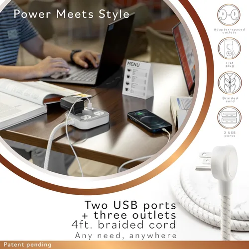 Vista 6 de Cordinate Adapt 78847 - Tira de alimentación de 3 tomas múltiples ampliamente espaciadas, 2 puertos USB, cable de extensión trenzado de 4 pies