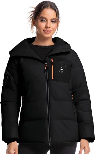 Vista 8 de Chaqueta aislante para mujer, resistente al viento, impermeable, con capucha, para esquí, snowboard, con múltiples bolsillos